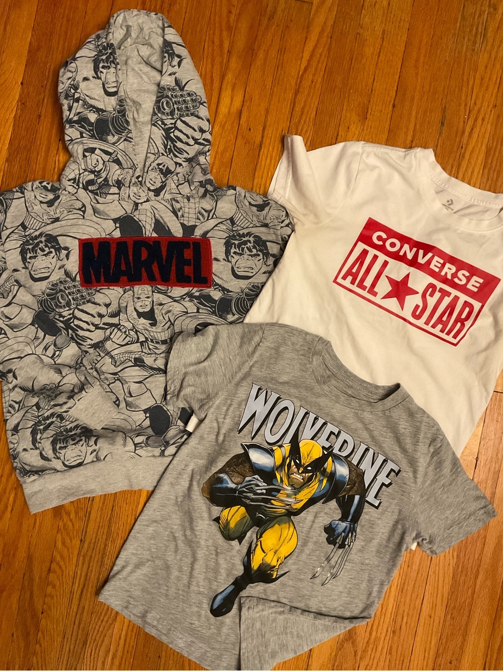 Marvel Boys Bundle Gray Hoodie Chenille Marvel Logo Wolverine tee & Converse tee
